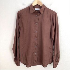 Uniqlo Womens Medium Brown 100% Linen Button
Up Top